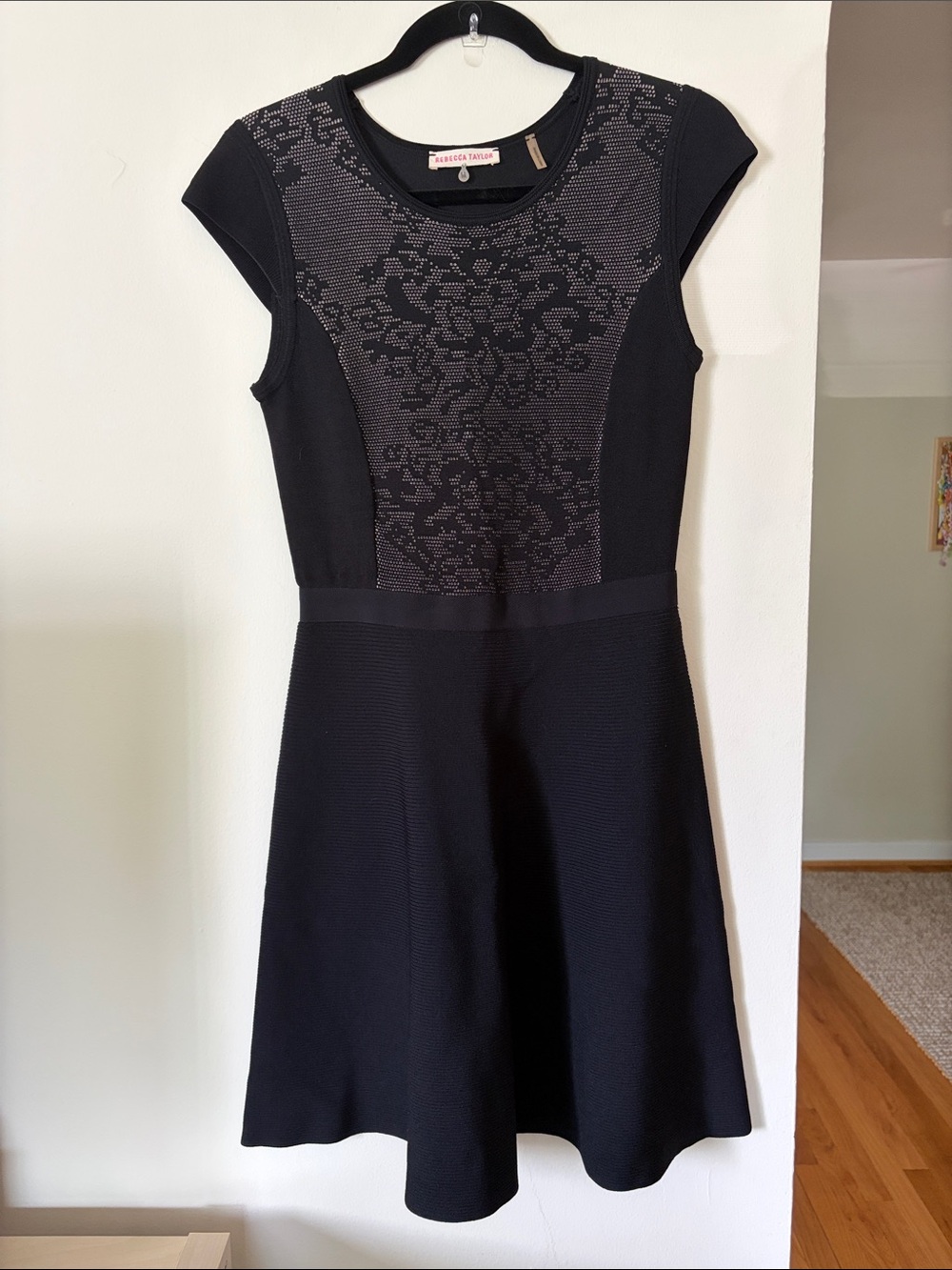 Rebecca Taylor Black Knit Cap-Sleeve Fit-and-Flare Dress